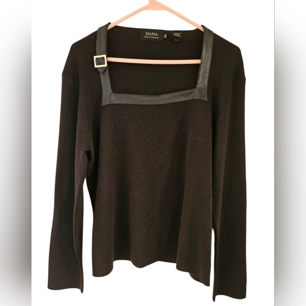 Dana Buchman Leather Trimmed Brown Wool Sweater Size XL
